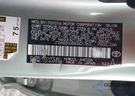 2008 Toyota Prius from USA, damaged, VIN JTDKB20U883421363